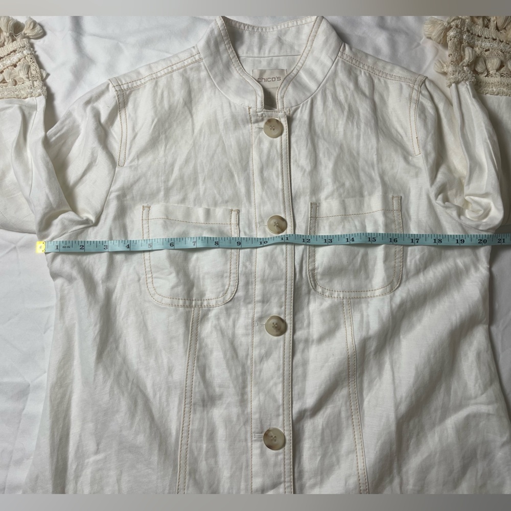 Chico's 3/4 Sleeve Linen Blend Utility Jacket Blazer Alabaster Boho Size 8 - Picture 10 of 13